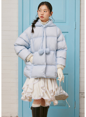 BLUEerror 高充绒量保暖针织连帽拼接羽绒服女加厚白色外套冬季