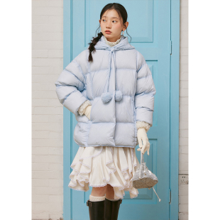 BLUEerror 高充绒量保暖针织连帽拼接羽绒服女加厚白色外套冬季