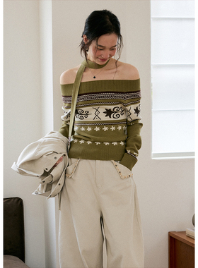 BLUEerror 软糯一字肩飘带修身提花毛衣女露肩法式慵懒针织衫秋季