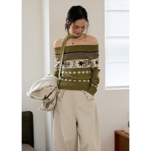 秋季 BLUEerror 慵懒针织衫 提花毛衣女露肩法式 软糯一字肩飘带修身