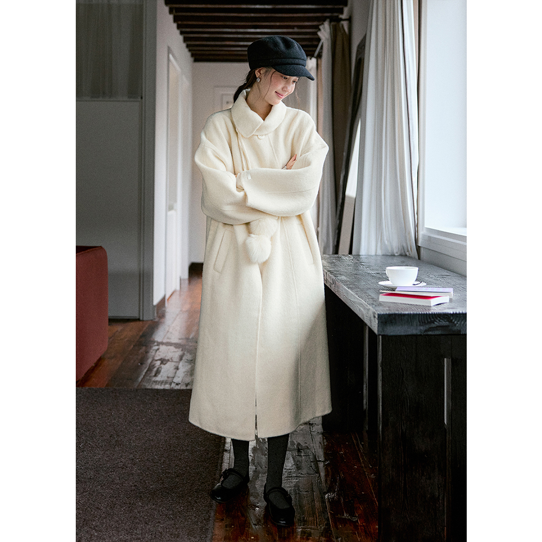 毛球系带高领长款羊毛双面呢