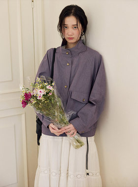 BLUEerror 砂洗立领紫色工装夹克外套女法式慵懒短款宽松上衣秋季