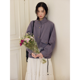 宽松上衣秋季 BLUEerror 慵懒短款 夹克外套女法式 砂洗立领紫色工装