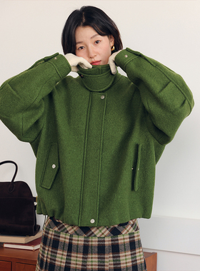 BLUEerror 宽松翻领加厚短款毛呢外套女绿色全羊毛呢子夹克秋冬