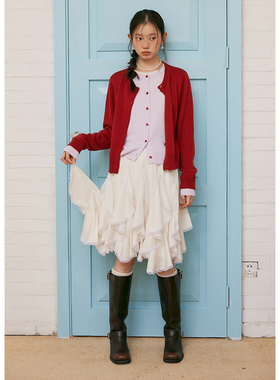 BLUEerror 高腰不规则荷叶边白色半身裙女中长款蕾丝拼接裙子春季