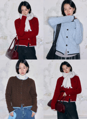 BLUEerror 绞花刺绣圆领新年红色毛衣开衫女慵懒全羊毛针织衫秋冬