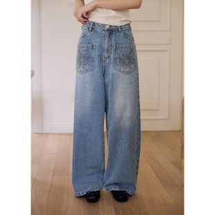 显瘦裤 BLUEerror 松弛宽松秋季 女法式 子 格桑花刺绣浅色直筒牛仔裤