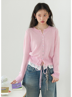 BLUEerror 空气感 花边圆领短款粉色针织开衫女慵懒羊毛外套早秋
