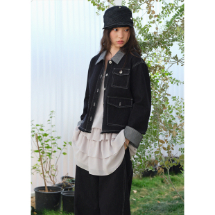 牛仔外套女休闲显瘦黑色翻领上衣春季 BLUEerror 拼接毛边正肩短款