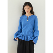 女宽松收腰显瘦蓝色衬衣早秋 衬衫 BLUEerror 贝壳扣圆领花边长袖