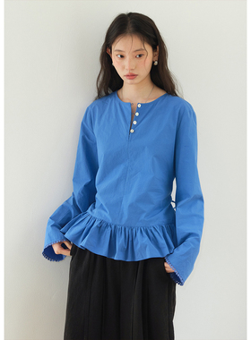 BLUEerror 贝壳扣圆领花边长袖衬衫女宽松收腰显瘦蓝色衬衣早秋