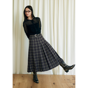 BLUEerror 格子百褶半身裙女宽松裙子早秋a字裙长裙 高腰显瘦长款