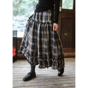 格子裙子冬 半身裙女宽松a字伞裙法式 BLUEerror 格纹木耳花边长款