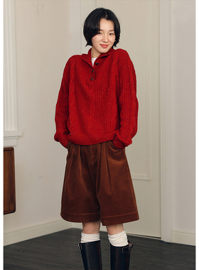 BLUEerror 宽松高领保暖绞花新年红色毛衣女冬季慵懒彩点针织衫