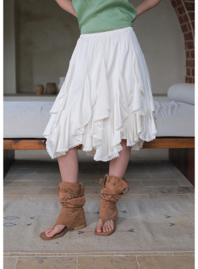 BLUEerror 高腰不规则荷叶边白色半身裙女中长款蕾丝拼接裙子春季