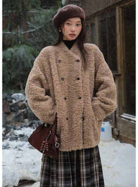 BLUEerror 双排扣皮毛一体毛茸茸棕色皮草女羊羔毛保暖毛绒外套冬