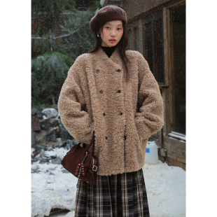 BLUEerror 双排扣皮毛一体毛茸茸棕色皮草女羊羔毛保暖毛绒外套冬