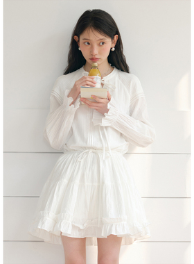 BLUEerror 收腰花边v领白色长袖连衣裙纯棉荷叶边裙子早秋长裙