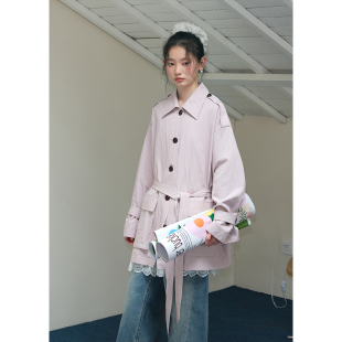 BLUEerror 粉色风衣女宽松气质收腰外套早秋 纸感大口袋翻领短款