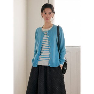 慵懒毛衣冬季 BLUEerror 女法式 针织开衫 全羊毛条纹假两件圆领短款