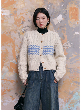 BLUEerror 宽松全羊毛粗针绞花短款毛衣开衫女保暖提花针织衫秋冬
