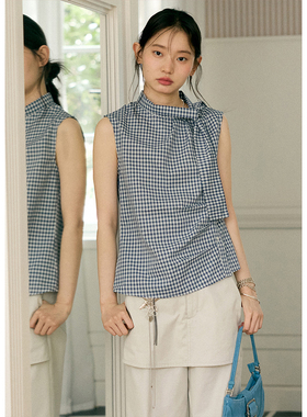 BLUEerror 纯棉显瘦侧门襟格子绑带背心女法式显瘦无袖上衣夏季