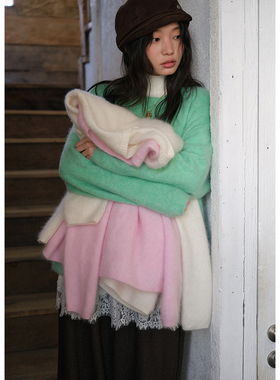 BLUEerror 拉毛软糯粉色套头羊绒毛衣女圆领针织衫冬季