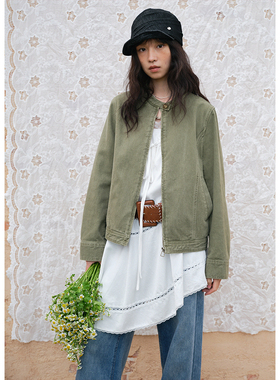 BLUEerror 显瘦立领拉链短款工装外套女休闲纯棉绿色叠穿夹克春季