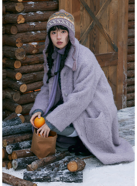 BLUEerror 圈圈毛绒翻领羊毛紫色毛呢外套女中长款呢子大衣冬季