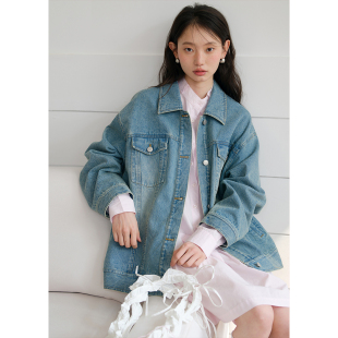 BLUEerror 复古做旧水洗纯棉蓝色牛仔外套女慵懒宽松翻领夹克早秋