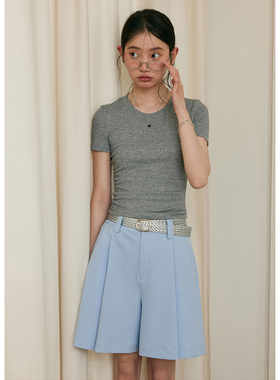 BLUEerror 修身显瘦闪片灰色短袖t恤女短款亲肤透气收腰打底衫夏