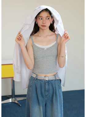 BLUEerror 修身短款花边灰色吊带背心女针织带胸垫外穿显瘦上衣夏