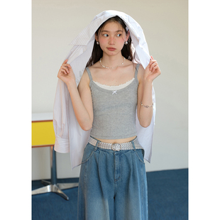 花边灰色吊带背心女针织带胸垫外穿显瘦上衣春 短款 BLUEerror 修身