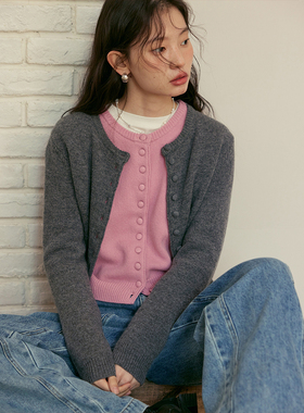 BLUEerror 冬日全羊毛灰色短款毛衣开衫女圆领慵懒保暖针织衫冬季