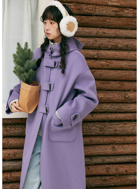 BLUEerror 全羊毛连帽加厚牛角扣双面呢大衣女紫色呢子外套冬季