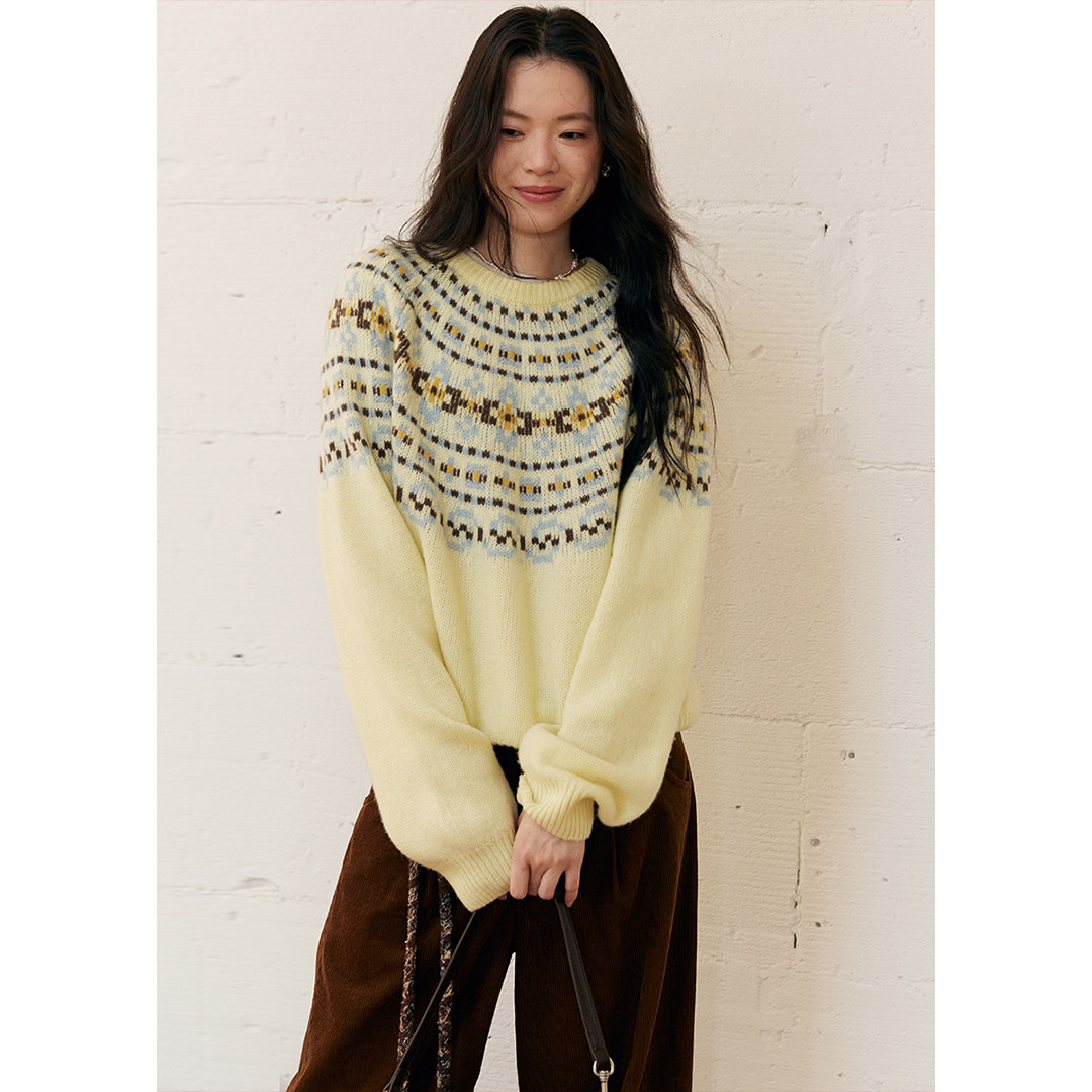 BLUEerror 费尔岛撞色全羊毛套头毛衣女慵懒提花针织衫秋冬保暖,女装/女士精品,毛衣,淘宝优惠券,粉丝福利购,淘宝优惠卷