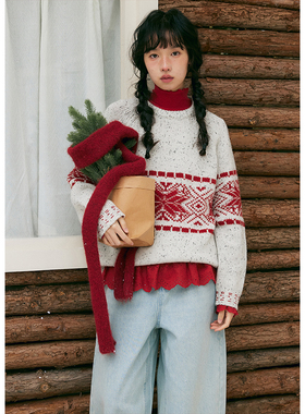 BLUEerror 圣诞雪花提花圆领套头毛衣女加厚宽松慵懒针织衫冬季