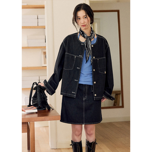 慵懒上衣秋季 BLUEerror 环保纯棉圆领复古蓝色牛仔外套女宽松法式