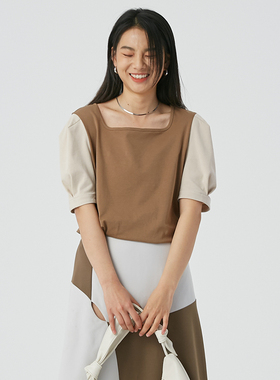 BLUEerror 宽松简约撞色纯棉黑色短袖t恤女纯色百搭打底上衣夏季