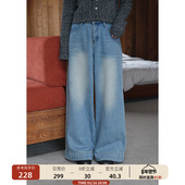 宽松长裤 00新品 女阔腿裤 纯棉翻边磨白直筒牛仔裤 冬季