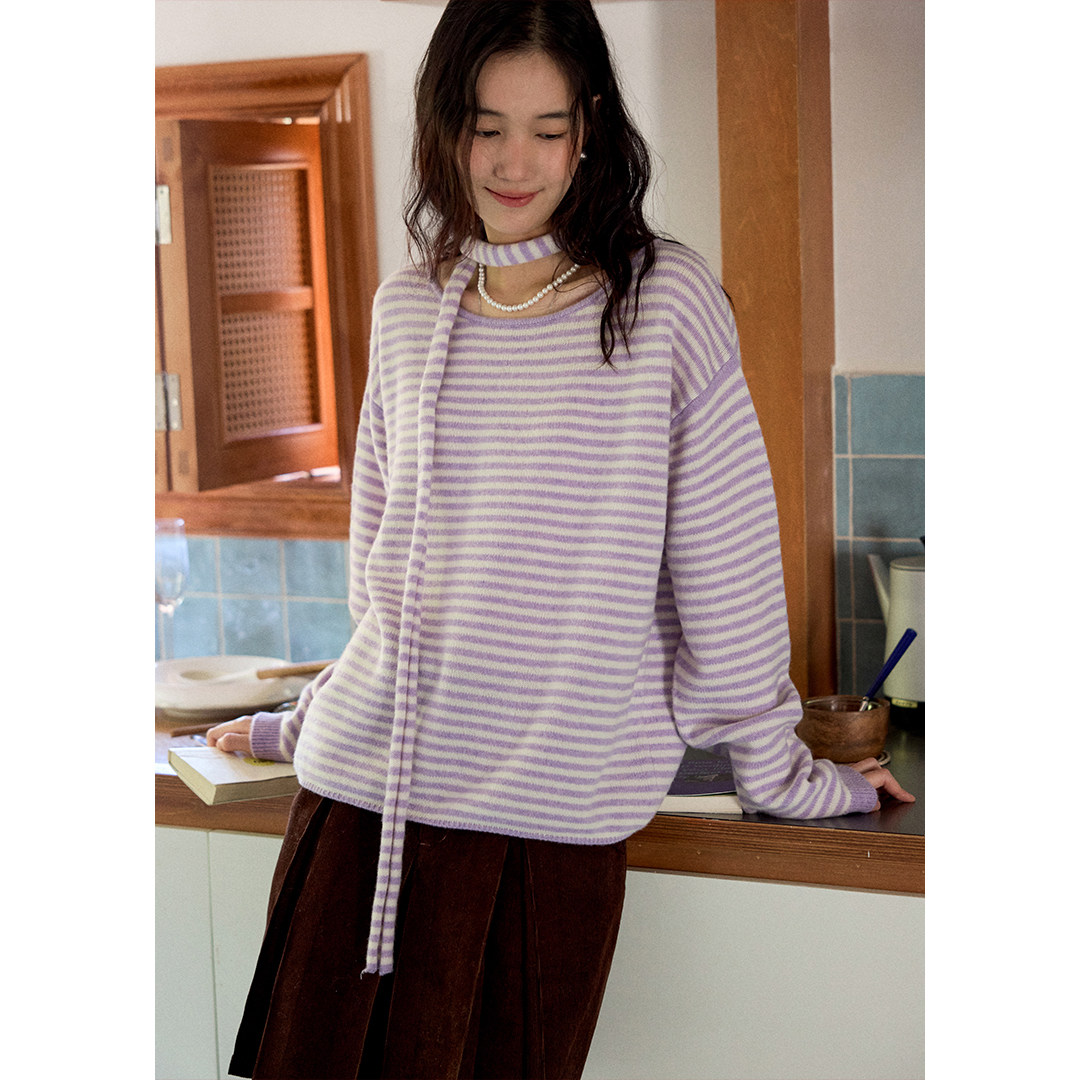 BLUEerror 全羊毛圆领套头飘带条纹毛衣女慵懒针织衫秋冬,女装/女士精品,毛衣,淘宝优惠券,粉丝福利购,淘宝优惠卷