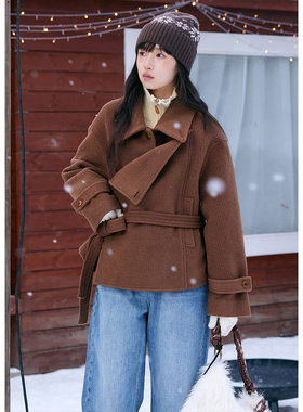 BLUEerror 翻领颗粒感圈圈毛短款毛呢外套女宽松灰色羊毛冬季呢子