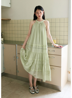 BLUEerror 多层拼接花边绿色挂脖连衣裙女无袖长款裙子夏季长裙