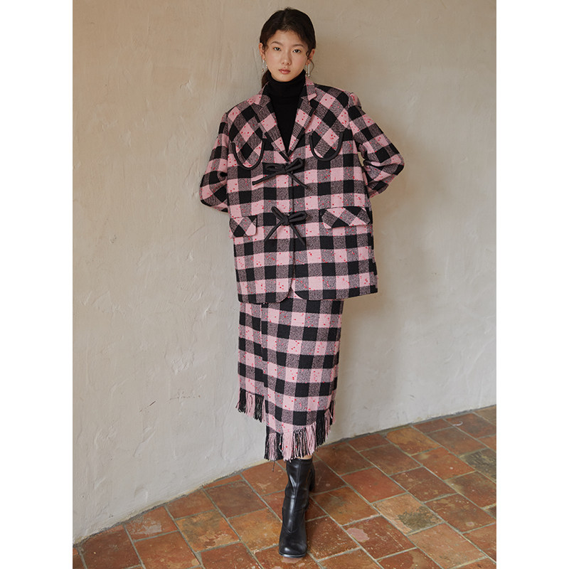 纱线格子毛呢西装外套