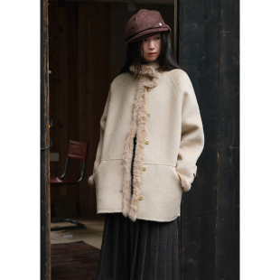 BLUEerror 毛绒拼接立领保暖羊毛双面呢大衣女宽松毛领呢子外套冬