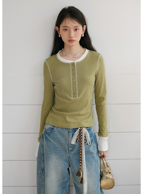 BLUEerror 修身撞色亨利领绿色长袖T恤女显瘦弹力圆领打底衫早秋