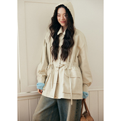 外套秋季 BLUEerror 宽松连帽抽绳收腰卡其色风衣女松弛感中长款