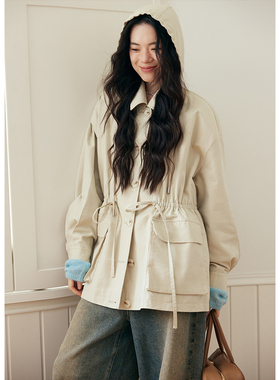 BLUEerror 宽松连帽抽绳收腰卡其色风衣女松弛感中长款外套秋季