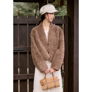 棕色皮草女皮毛一体毛绒外套冬季 BLUEerror 全羊毛保暖毛茸茸短款