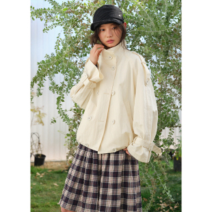 夹克廓形上衣春 双排扣立领白色风衣外套女气质短款 BLUEerror 法式